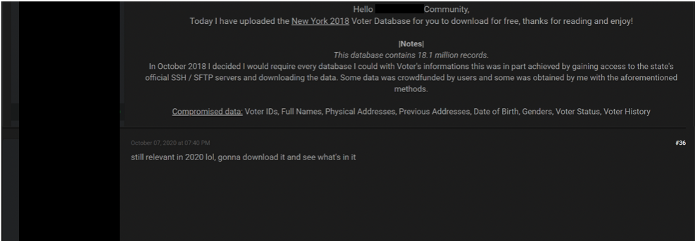 A user in a popular underground forum showing recent interest in the 2018 New York voter Database